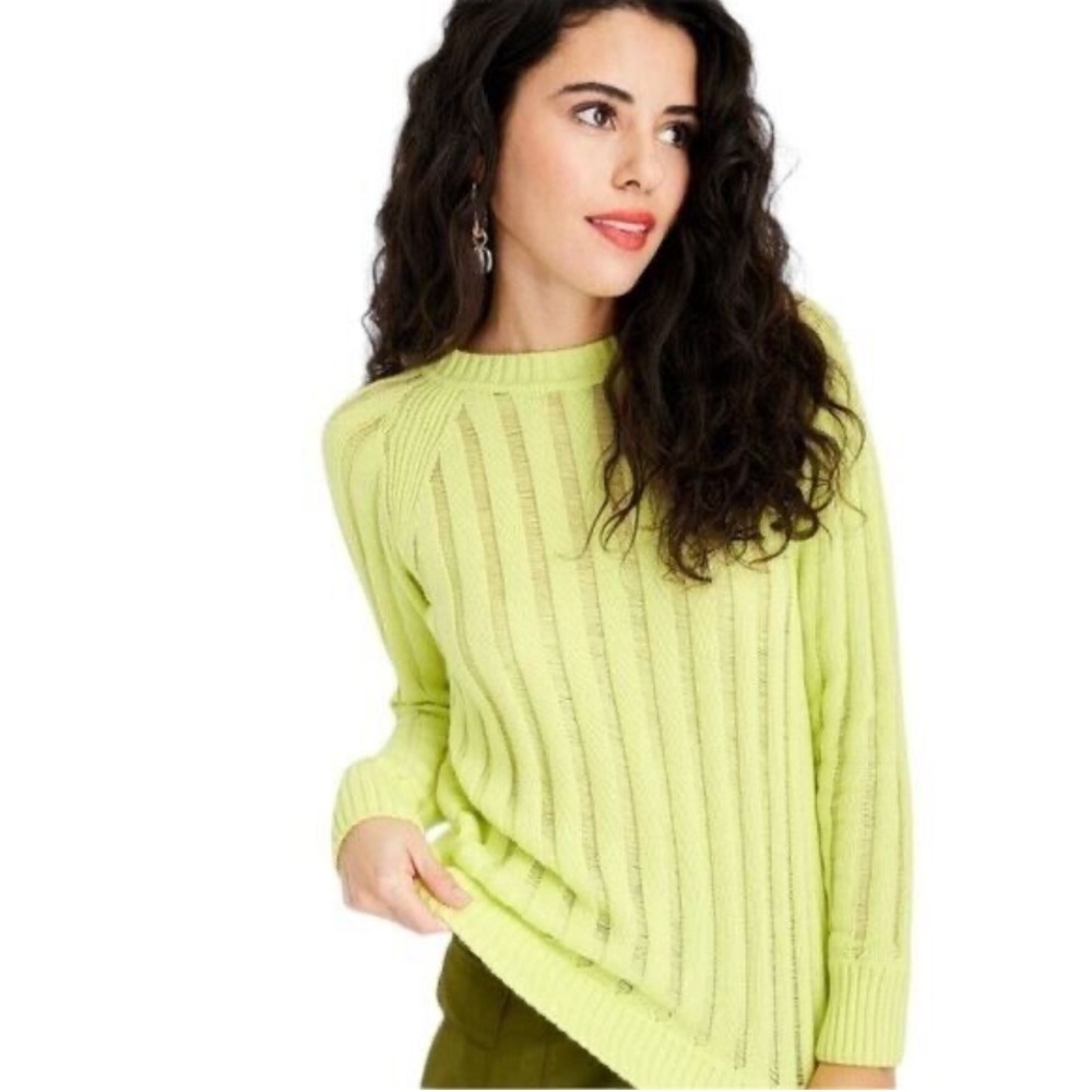 FUTURE COLLECTIVE Neon Lime Green Distressed Ribbed Crewneck Sweater XXS NWOT